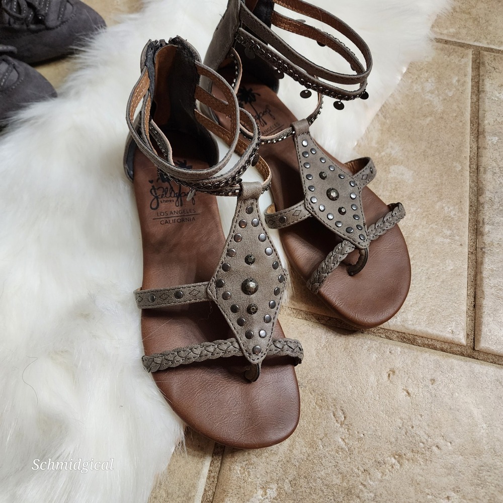 Jellypop Janine Taupe Grey Studded Gladiator Sandals Women 8M Boho Coin Charms